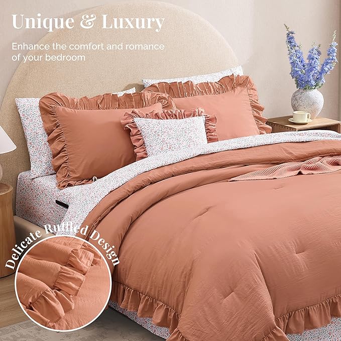 King Comforter Set - 7 Pieces Ruffle Autumn Leaf Bedding Sets, Shabby Chic Farmhouse Bed in a Bag King with Ruffle Comforter, Floral Sheets, Pillowcases & Shams