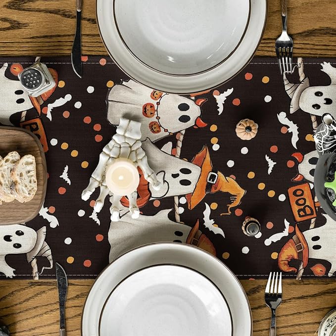 Artoid Mode Ghost Jack-O'-Lantern Black Cat Halloween Table Runner,Holiday Kitchen Dining Table Decoration for Home Party Decor 13 x 36 Inch