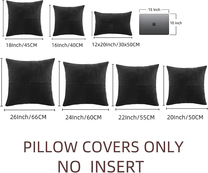 Fancy Homi 2 Packs Black Euro Decorative Throw Pillow Covers 26x26 Inch for Couch Bed Sofa, Rustic Farmhouse Boho Home Decor, Soft Corss Corduroy Patchwork Textured Square Cushion Case 66x66 cm