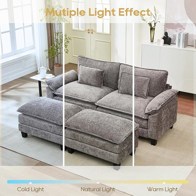 URRED Modular Sectional Sofa Comfy Cloud Couch, Modern Chenille Sofa Sleeper Deep Seat Couches with Ottoman/Pillows for Living Room (Gray, 82.6''- 2 Ottomans)