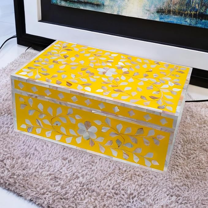 Decorative Storage Box Of Mother Of Pearl Inlay Floral Design Wooden Storage Box For Home Decoration For Living Dining & Bedroom (Yellow_12x8x5 inch)