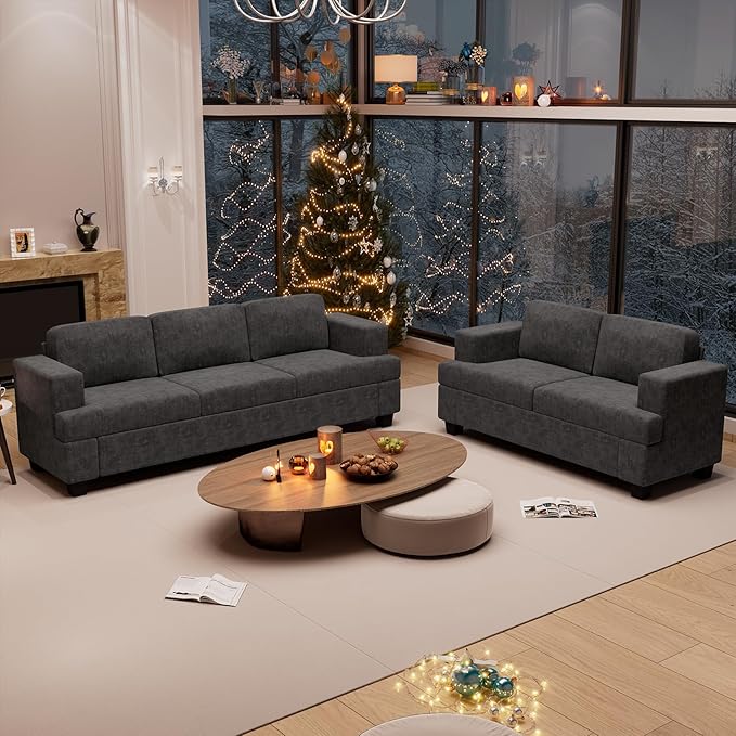 2 Piece Set Comfy Sofa Couch, 3 Seater & Loveseat Sofa with Deep Seats, Modern Sleeper Couch for Living Room, Dark Grey Chenille