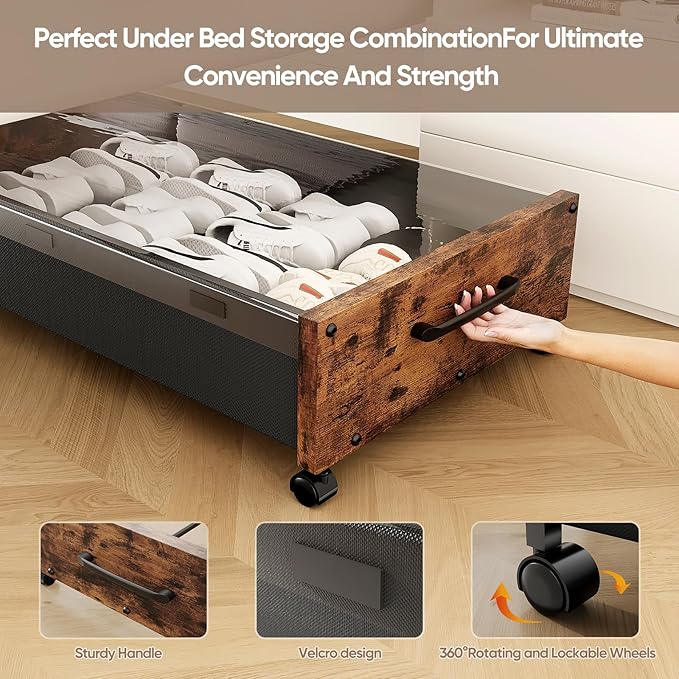 Wooden Under Bed Storage with Wheels, 80L Extra-large Rolling Under the Bed Storage Bins 2 Pack with Removable Lid, Upgrade Metal Under Bed Drawers for Clothes Shoes Blankets in Bedroom