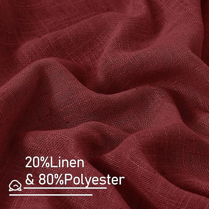 LAMIT Burgundy Red Linen Curtains 48 Inch Length 2 Panels, Light Filtering Semi Sheer Panels Bronze Grommet Christmas Decor Drapes for Small Windows/Kitchen/Bedroom, 34 x 48 Inch