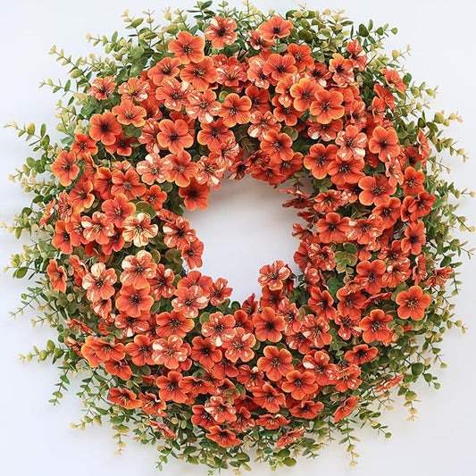 26" Fall Wreath for Front Door, Porch, Window - Large Artificial Boxwood Leaves with Fake Daisy Flowers Outdoor Wreath Faux Eucalyptus for Home Farmhouse Harvest Festival Thanksgiving Day Autumn Decor