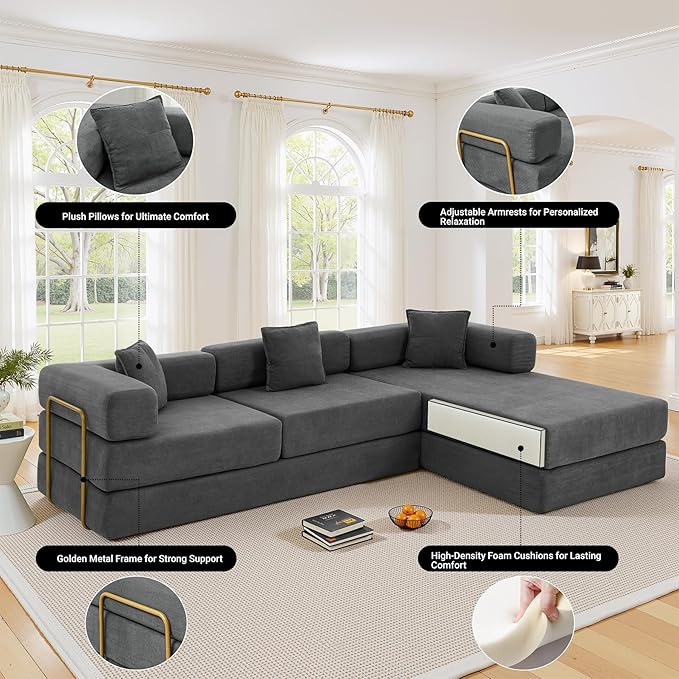 108" Oversized Convertible Sleeper Sofa Bed, Corduroy L Shape Sectional Couch, Folding Sofa Bed with Side Pocket, Modern Cloud Floor Mattress Couch, Modular Sofa for Living Room, Grey