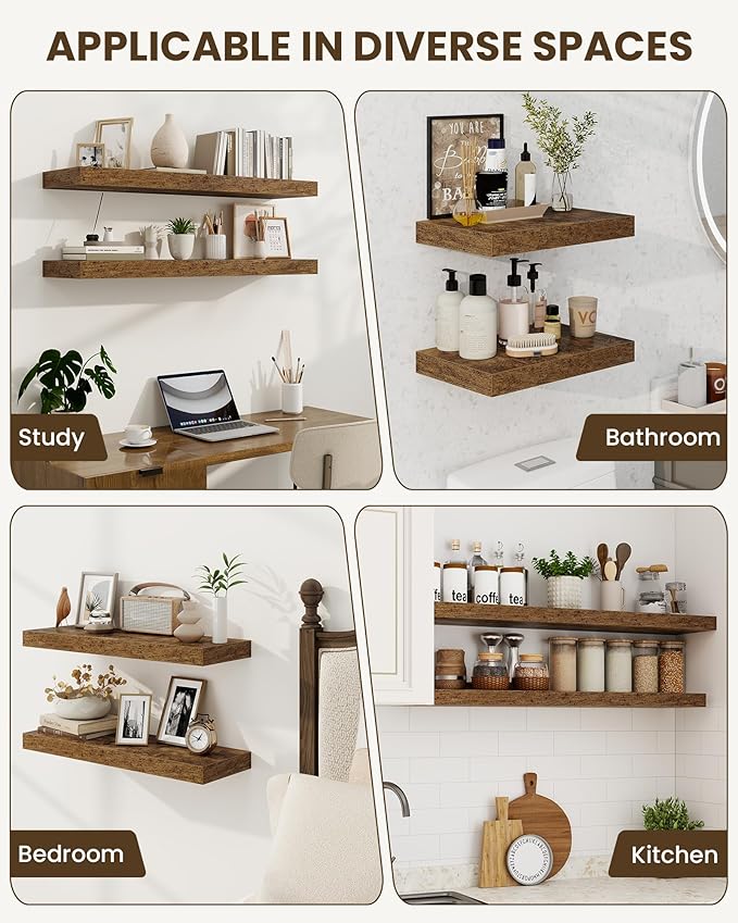 Marsmiles 39" Floating Shelves for Wall, Wooden Shelves with Invisible Brackets Set of 2, Rustic Farmhouse Wall Mounted Shelf for Kitchen Bathroom Living Room Study, Rustic Brown