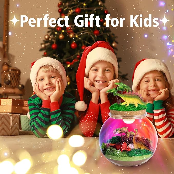 Dinosaur Light-Up Terrarium Kit for Kids- Birthday Gifts for Boys Ages 4 5 6 7 8-12 Year Old- Dinosaur Toys for Boys with Multicolor LED Light & Remote