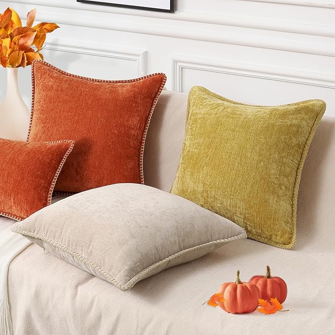 decorUhome Fall Chenille Soft Throw Pillow Covers 22x22 Set of 2, Farmhouse Velvet Neutral Decorative Euro Pillow Covers with Stitched Edge for Couch Sofa Bed Home Decor, Rust