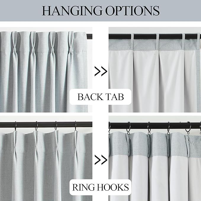 Vision Home Blue Gray Pinch Pleated Full Blackout Curtains Linen Blended Room Darkening Window Curtains 108 inch for Living Room Bedroom Thermal Insulated Pinch Pleat Drapes with Hooks 40" Wx108 Lx2