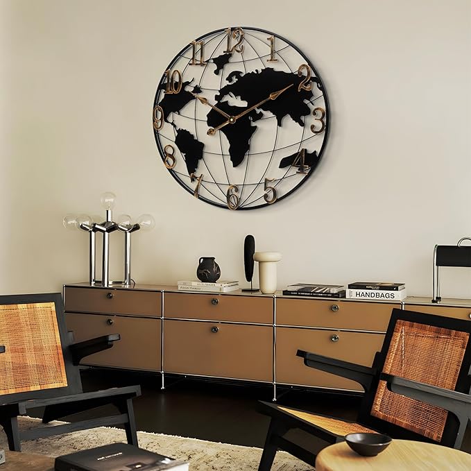 Large Wall Clock - 24 Inch World Map Minimalist Modern Round Metal Wall Clock Silent Non-Ticking Battery Operated Wall Clocks for Living Room Kitchen Office Farmhouse Home Decor