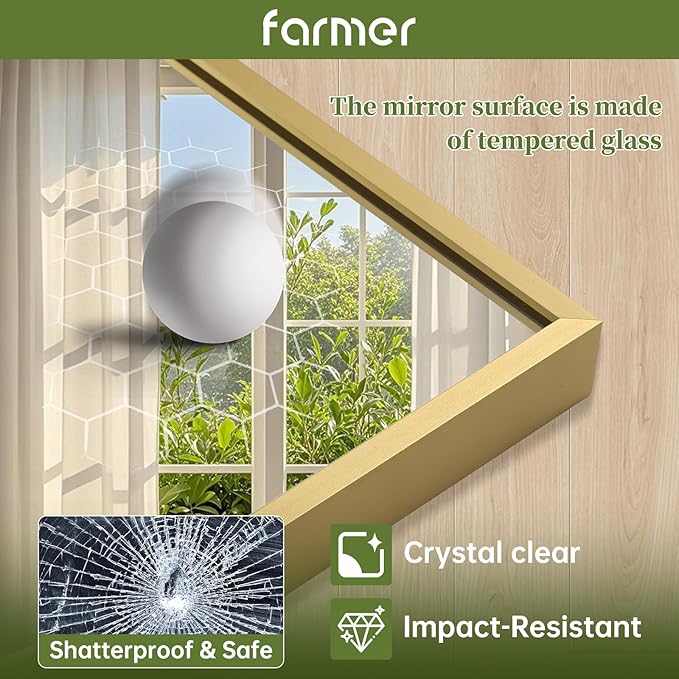 FARMER 16x24 Inch Gold Bathroom Mirror, Rectangle Wall Mounted Mirror, Vanity Mirror, Brushed Square Mirror, Framed Bathroom Mirror for Bedrooms, Entryways, Living Rooms, Horizontal/Vertical