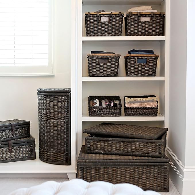 The Basket Lady Pole Handle Wicker Storage Basket, Extra Large, 20 in L x 16 in W x 10 in H, Antique Walnut Brown