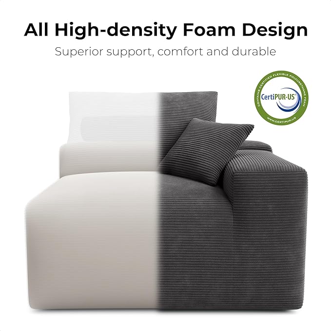 LIKIMIO 120" Modern L-Shaped Modular Sectional Sofa for Living Room, Corduroy Upholstery Dark Grey, Oversized 3-Seater Couch with Deep Seat and Movable Ottoman – No Assembly