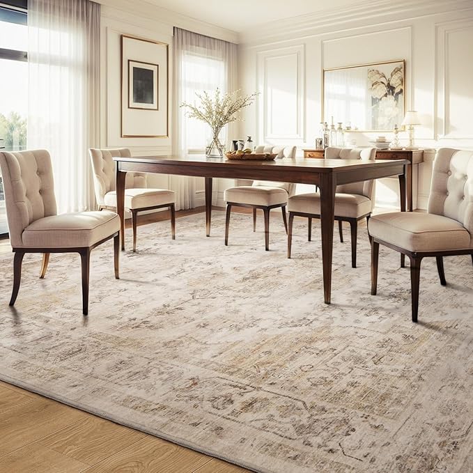 AMOAMI-3X5 Area Rug-Soft Washable Vintage Throw Accent Rugs for Living Room, Entryway, Bedroom, Kitchen, Bathroom, Laundry Room, Kitchen, Bathroom, Bedside, No Slip Beige