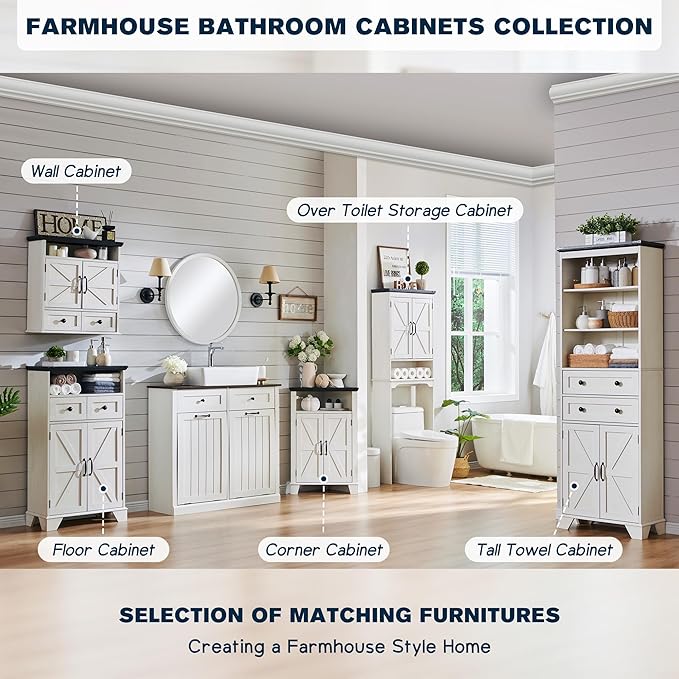 Bathroom Floor Cabinet, Farmhouse Storage Cabinet, 24" Wide Cabinet with Drawer, Adjustable Shelf, Barn Doors, Cabinets for Bathroom, Kitchen, Living Room, Off White