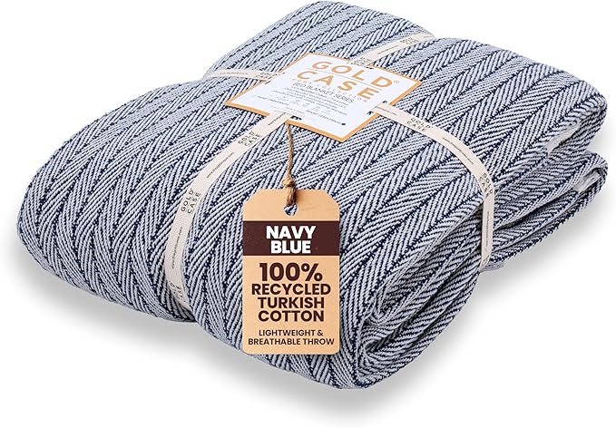 Gold Case Throw Blanket for Bed – 100% Recycled Turkish Cotton Bed Blanket – Decorative Throw Cotton Blankets for Living Room & Bedroom – Vintage Navy Blue Woven Queen Blankets – 90x90