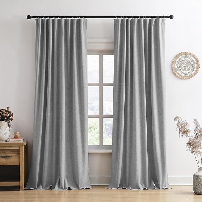 RAIN CITY 104 Inch Long Blackout Curtains 2 Panels Set,70 Inch Wide Back Tab Pleated Curtains with Hooks Track System,Energy Efficinet Linen Blend Drapes for Dining Room Hoom Office 70x104,Grey