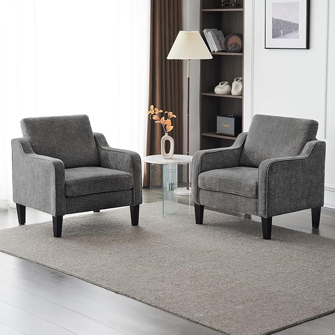 VINGLI Accent Chairs Set of 2 for Living Room, Light Grey Mid Century Modern Chair Soft Chenille Sofa Chair Upholstered Comfy Arm Chairs for Bedroom, Play Room, Apartment