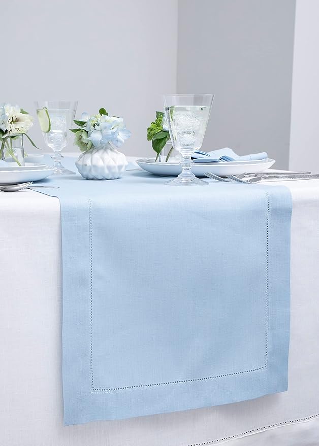 Solino Home Linen Sky Blue Table Runner 72 Inches Long - 100% Pure Linen Hemstitch Table Runner 14 x 72 Inch for Dresser, Dining - Classic Hemstitch