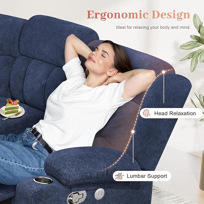 Recliner Sofa Set with 2+1+1 Pieces, Fabric Manual Pull Tab Reclining Loveseat with Storage Console, Single Recliner Chair for Living Room, RV, Blue