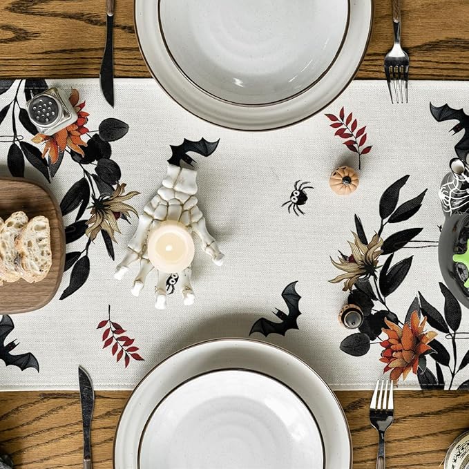 Artoid Mode Pumpkin Ghost Leaves Spider Web 210 GSM Halloween Table Runner, Spooky Kitchen Dining Table Decoration for Home Party Decor 13x90 Inch