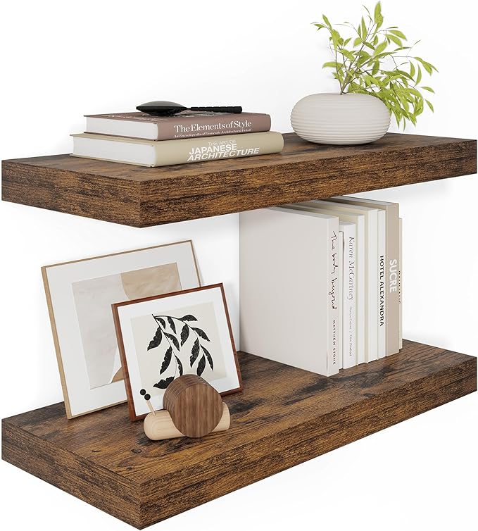 12" Deep Floating Shelves for Wall 24 Inches Long, Heavy Duty Wall Shelves for Bedroom Bathroom Kitchen Laundry Room, Farmhouse Rustic Shelves for Home Decor, 24" X 12" X 2" Set Of 2, Rustic Brown