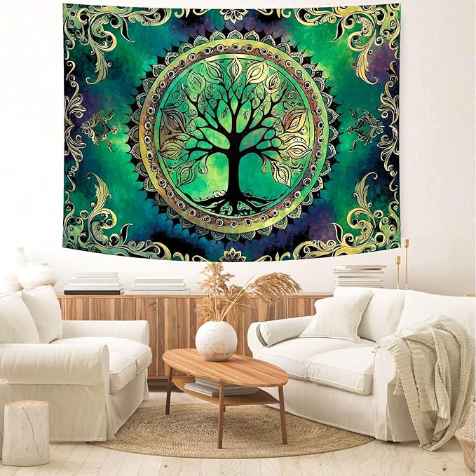 Delur Tree of Life Tapestry Green Nature Bohemian Mandala Spiritual Tapestry Wall Hanging Mystical Landscape Hippie Psychedelic Headboard for Bedroom Living Room Home Decor (51.2" x 59.1")