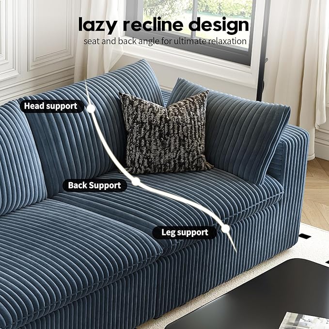 157.5" Cloud Couch Modular Sectional Sofa for Living Room,Modern Sofa with Deep Seat，L-Shape Boneless Couch with Ottoman,Comfy Upholstered Corduroy Couches for Apartment, Studio, Office,Bedroom，Blue