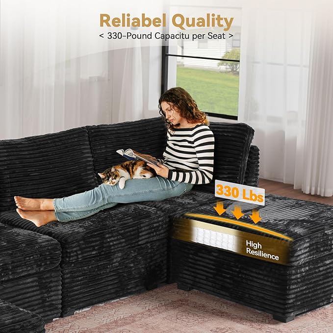 Modular Sectional Sofa with Chaise U Shaped Sectional Couch for Living Room, 7-Seater Comfy Cloud Couches, Plush Corduroy, Black