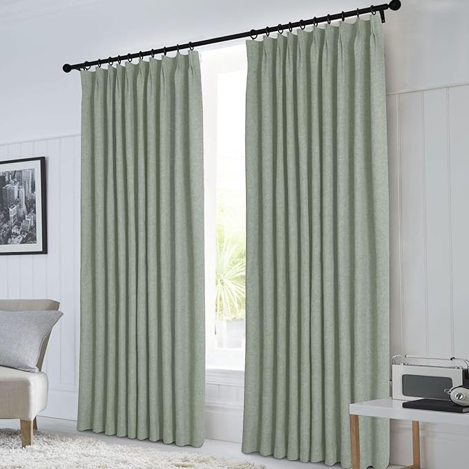 Macochico 52”Wx96”L 100% Blackout Curtains for Bedroom Living Room Nursery Fog Green Pinch Pleated Linen Curtains Farmhouse Burlap Drapes Thermal Window Panels with Hooks and Tieback 1 Panel
