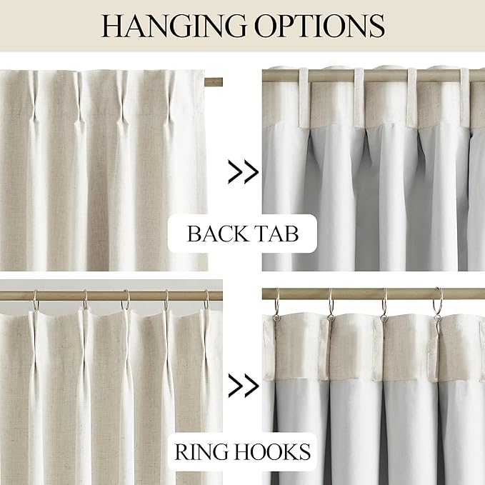 Vision Home Natural Pinch Pleated Full Blackout Curtains Linen Blended Room Darkening Window Curtains 112 inch for Living Room Bedroom Thermal Insulated Pinch Pleat Drapes with Hooks 40" Wx112 Lx2