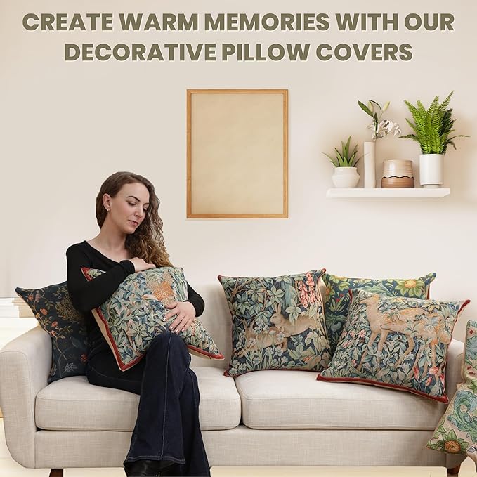 Charlotte Home Furnishings Decorative Tapestry Pillow Cover 19x19 in, Blue Kelmscott Couch Throw Pillow Cover, French Country Square Cushion Cases for Bed Room Home Decor, Soft Cotton Jacquard Woven
