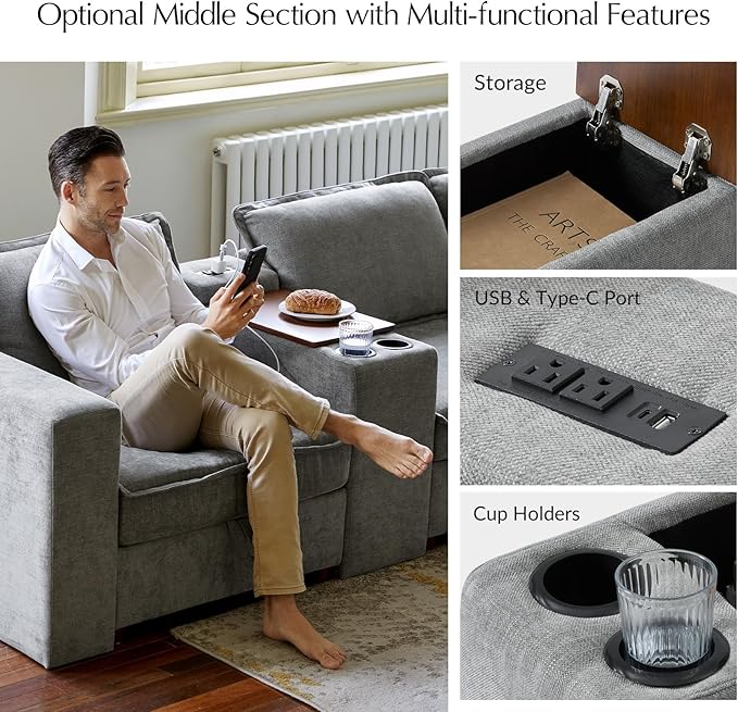 HULALA HOME Modular Sectional Sofa with USB Port and Console, 6 Seater Sofa with Storage Ottoman, Oversized U Shaped Couches for Living Room, FSC Certified, Grey