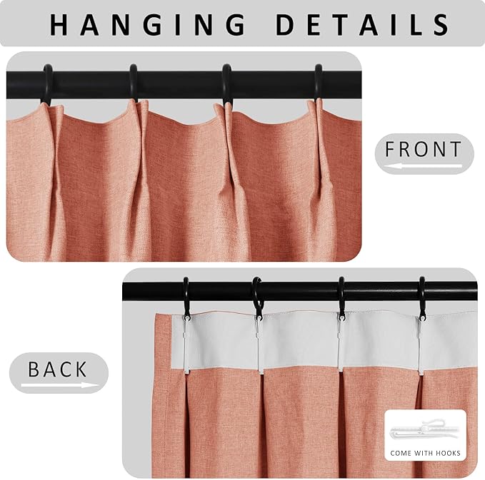 Macochico Pinch Pleated Blackout Linen Curtains 96 Inches Long 100% Light Blocking Burlap Curtains for Bedroom Living Room Thermal Window Panels with Tieback 72”Wx96”L Orange 1 Panel