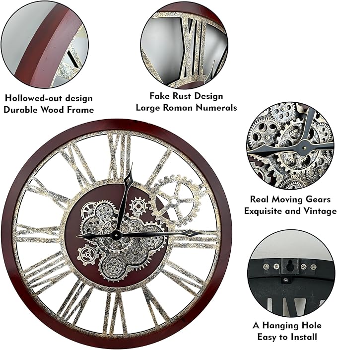 The B-Style Large Real Moving Gears Wall Clock 30 inch Rustic Retro Industrial Farmhouse Wood Clock Oversized Decorative Vintage Wall Clocks for Living Room (Black walunt Wood and Bronze)