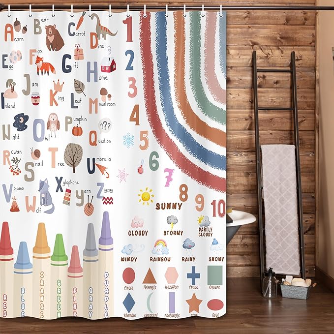 Kids Alphabet Shower Curtain, Funny Cartoon Animal ABC Learning Bath Curtain 72 x 96 Inch, Educational Boys Girls Children Bathroom Curatin Decoration Waterproof with Hooks Washable