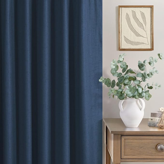 Navy Blue Drapes 96 Inch Long 2 Panels Back Tab Blackout Window Treatment Curtains White Backing for Living Room Darkening Thermal Linen Textured Black Out Curtain Bedroom Modern Farmhouse Dark Indigo