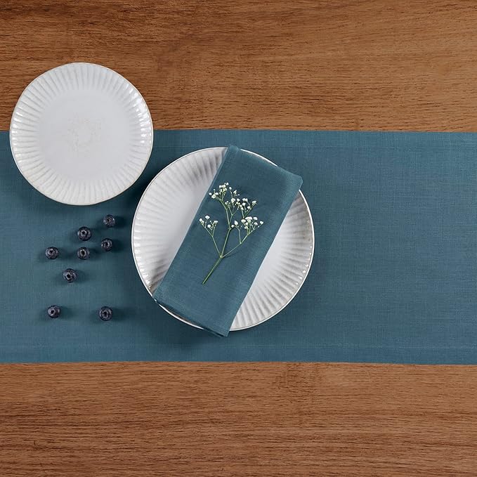 Solino Home Peacock Blue Table Runner 36 Inches - 100% Pure Linen Short Table Runner 14 x 36 Inch Ideal for Dresser and Coffee Tables - Fete