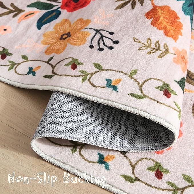 Area Rugs 8x10 Rug for Living Room Clearance Washable Boho Area Rug Non Slip Floral Vintage Low Pile Large Rug for Living Room, Bedroom, Farmhouse, Dining Room, Kids Playroom(Beige)