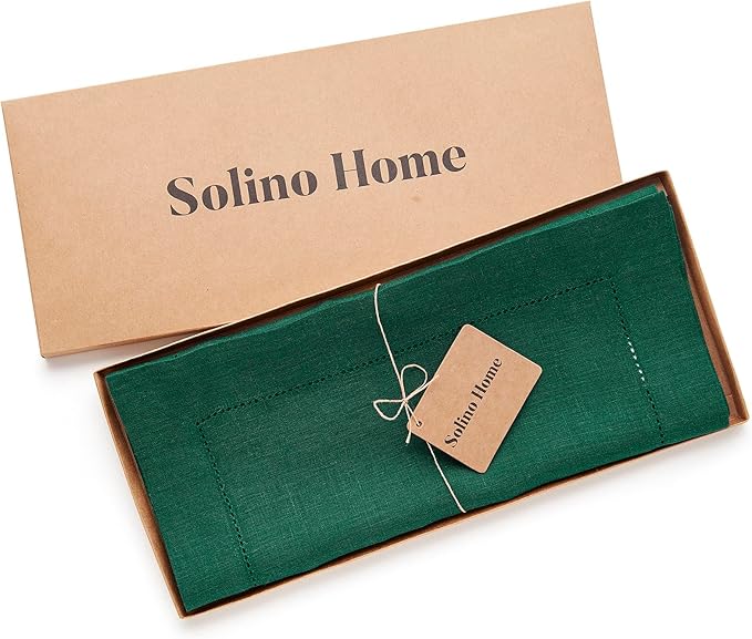 Solino Home Linen Rainforest Green Table Runner 90 Inches Long - 100% Pure Linen Hemstitch 14 x 90 Inch Table Runner for Dining, Fall, Autumn, Thanksgiving - Classic Hemstitch
