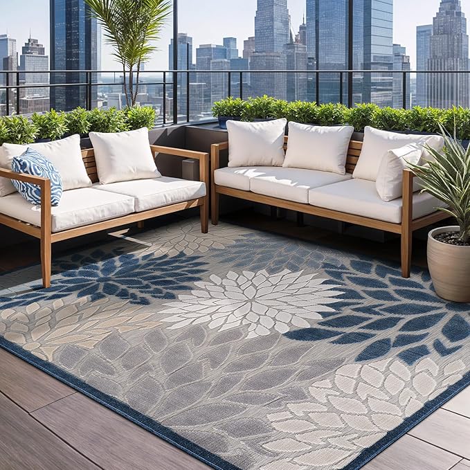 Beverly Rug Outdoor Rug 9x12 Large Modern Floral Tropical Area Rugs for Indoor and Outdoor Patio Easy to Clean Non Shedding Living Room Porch Garden Washable Outside Carpet (9 x 12 Blue)