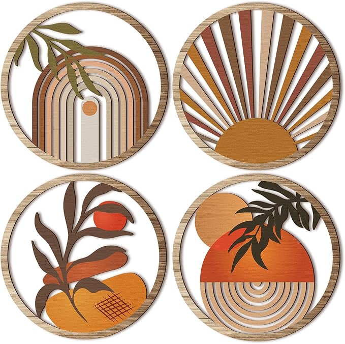 Qunclay 4 Pieces Boho Wall Art Wooden Bohemian Wall Decor Hanging Art Nursery Decor Farmhouse Geometric Hanging 10 Inch Aesthetic Wood Minimalist for Apartment Bedroom(Stylish)