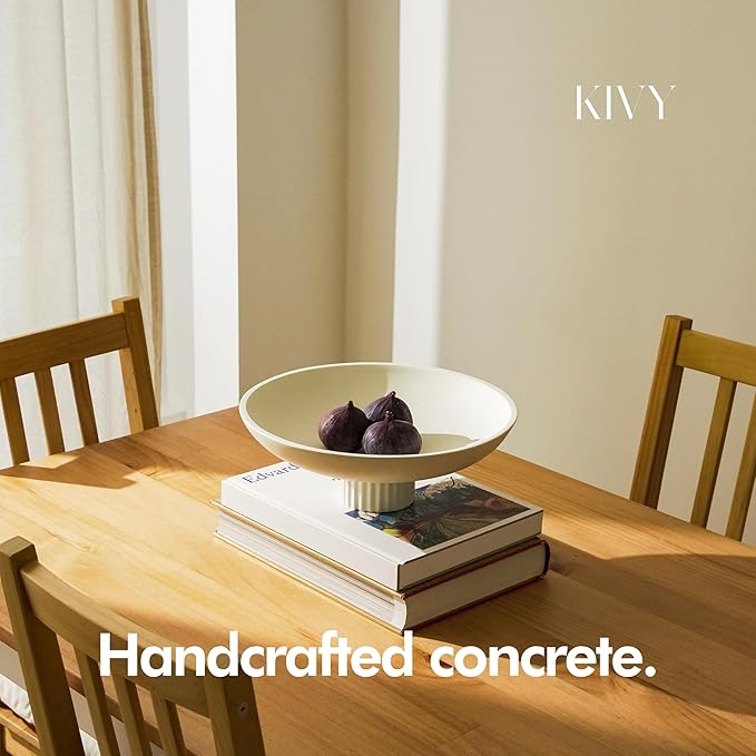 KIVY Concrete Fruit Bowl for Kitchen Counter - Large Decorative Pedestal Bowl for Home Decor - Modern Key Bowl for Entryway Table - White