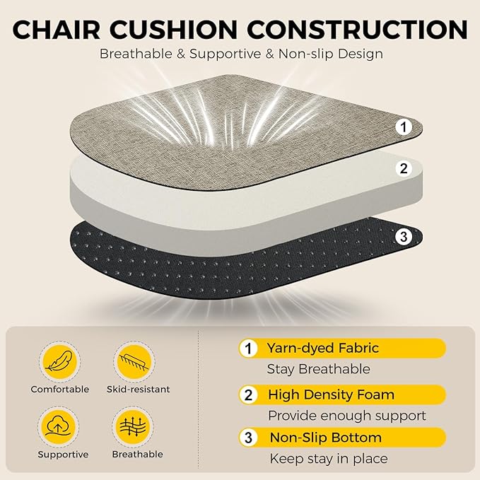 downluxe Indoor Chair Cushions for Dining Chairs, Soft and Comfortable Textured Foam Kitchen Chair Pads with Ties and Non-Slip Backing, 16" x 16" x 2", Khaki, 6 Pack