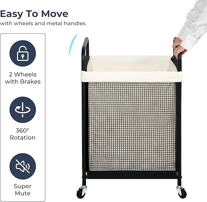 STO STO Laundry Hamper, 90L Rolling Laundry Sorter Cart with Removable and Washable Liner Bag, Rolling Clothes Hamper with Metal Handle for Laundry Room and Bedroom