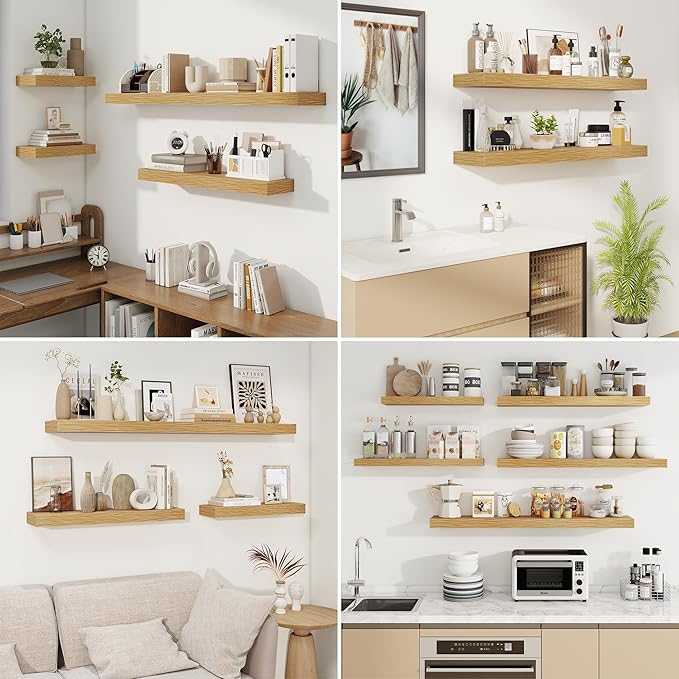 fuqing Floating Shelves for Wall, Bathroom Shelf Wall Mounted for Storage, Shelves with Invisible Bracket for Bedroom, Kitchen, Living Room, Farmhouse Small Book Shelf, 36 Inch Set of 2, Oak