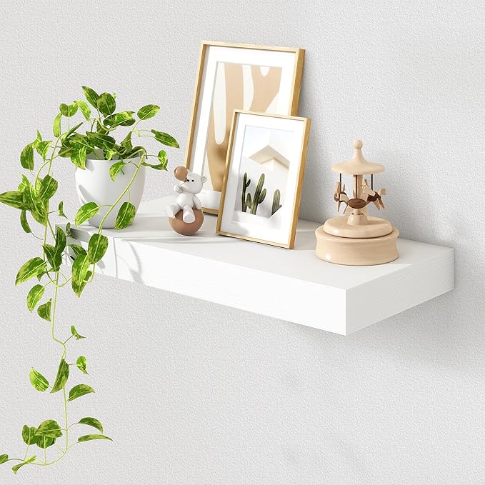 Deep Floating Shelves for Wall | 24 Inch Wide x 12 Inch Deep White Floating Shelves | 24W x 12D Rustic Wood Wide Wall Shelves | Bookshelf Laundry Shelf TV Shelf