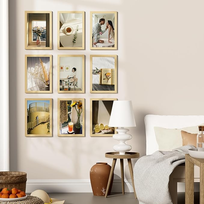 Vittanly 8x12 Picture Frames Set of 9, Shatter Resistant Plexiglass, Display 6x8 Pictures with Mat or 8x12 without Mat, Photo Frames for Wall or Tabletop, Engineered Wood, OAK