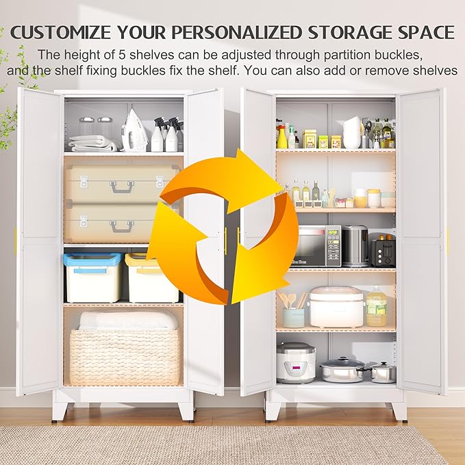 75.2" Tall Pantry Cabinet, Kitchen Pantry Storage Cabinets with 2 Door and 5 Adjustable Shelves, White Metal Pantry Storage Cabinet, Cupboard for Kitchen, Dining Room, Living Room and Bathroom